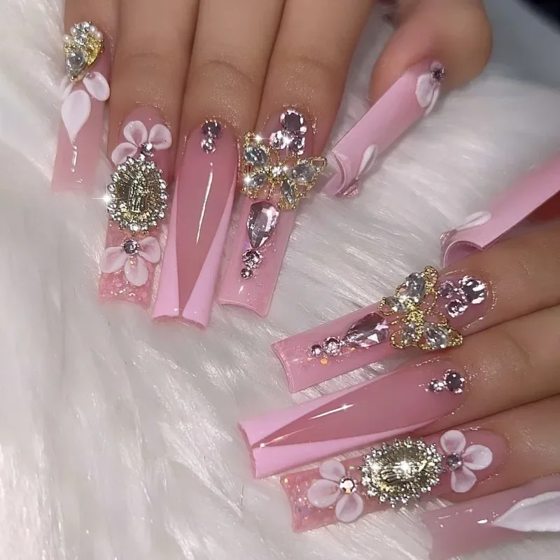 

24pcs New Style 3D Flash Diamond Flower Pink French Nail Art Golden Butterfly Manicure Extra Long Version Fake Nails Removable