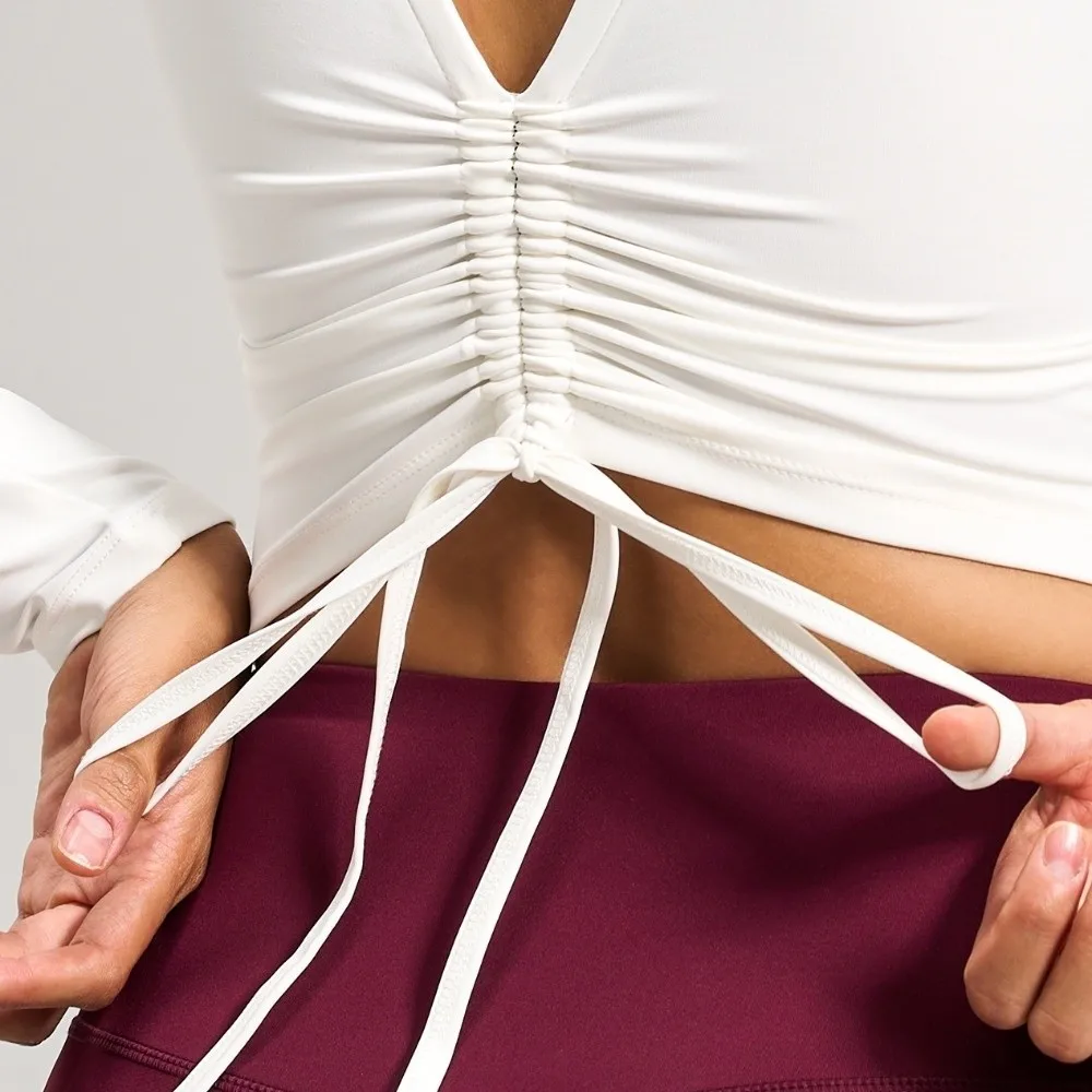 Ruffled Fit Back Drawstring Sportswear with Chest Pad Elastic Fitness Yoga Top Long Sleeve Breathable Pilates Yoga Shirts Sport