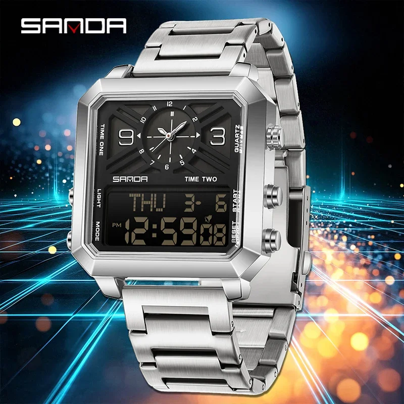 SANDA الفولاذ المقاوم للصدأ مقاوم للماء الرياضة مربع العرض المزدوج ساعة كوارتز رجالية LED العد التنازلي الرقمي ساعة اليد الإلكترونية الذكور