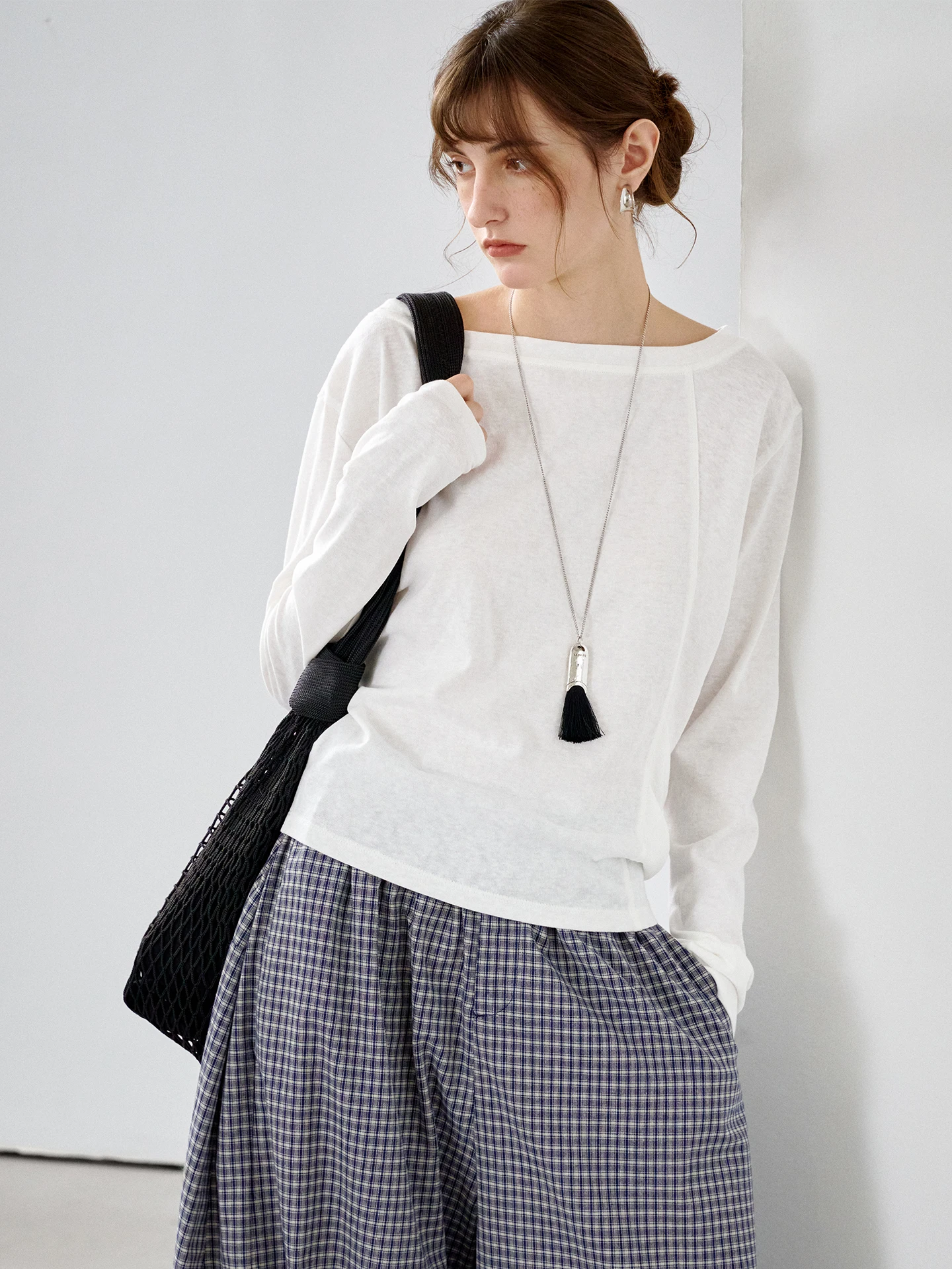 Women's Knitted Mixed Fiber Long Sleeve T-Shirt Shoulder Baring Comfortable Soft Casual Style Inner And Outer Versatile Wear