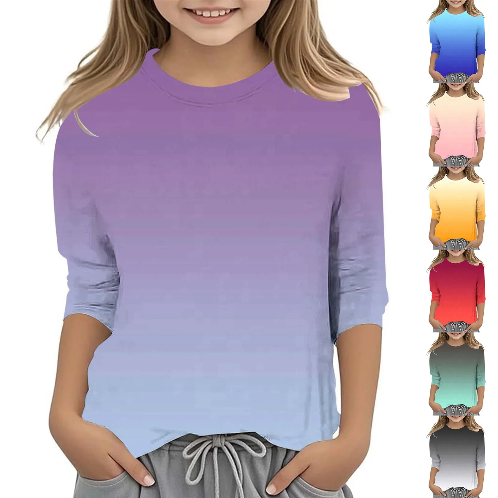 Girls's Gradient Printed Fashionable Versatile Round Neck 3/4 Quarter Sleeve Casual T Shirt Top Easter Shirt Girls