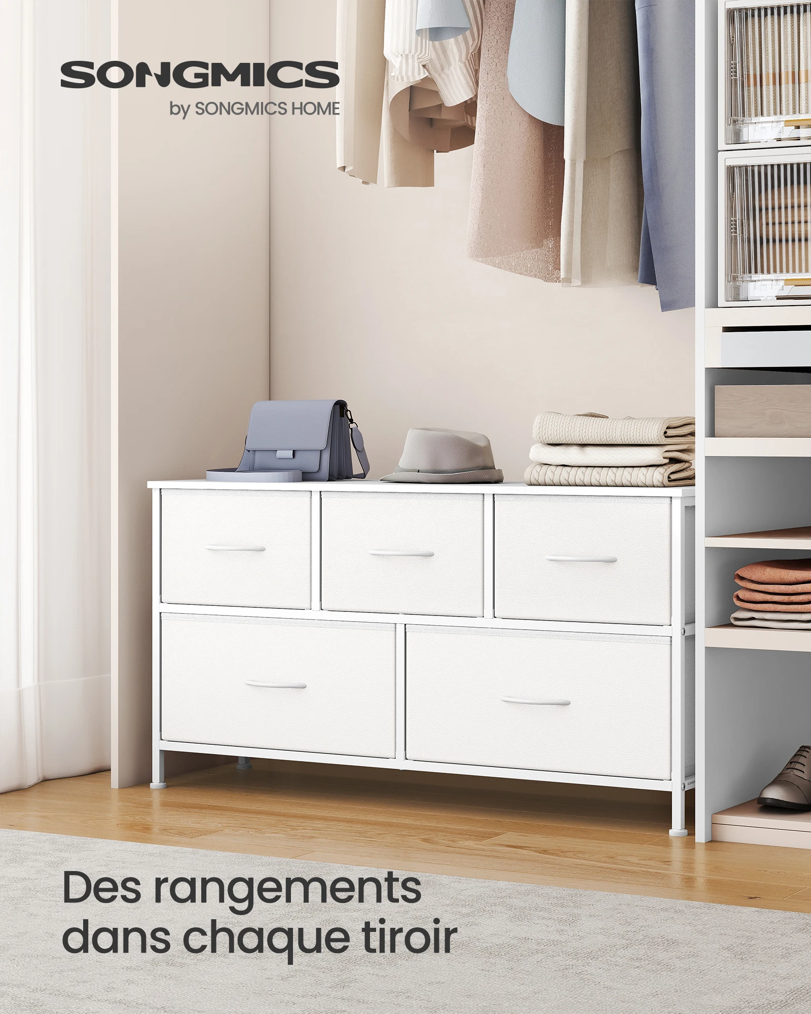 SONGMICS Commode 5 Tiroirs, Meuble de Rangement pour Chambre, Acier, Panneau MDF, Tissu Non-tissé, pour Couloir, Entrée, Salon, Blanc Nuage et Blanc Neige