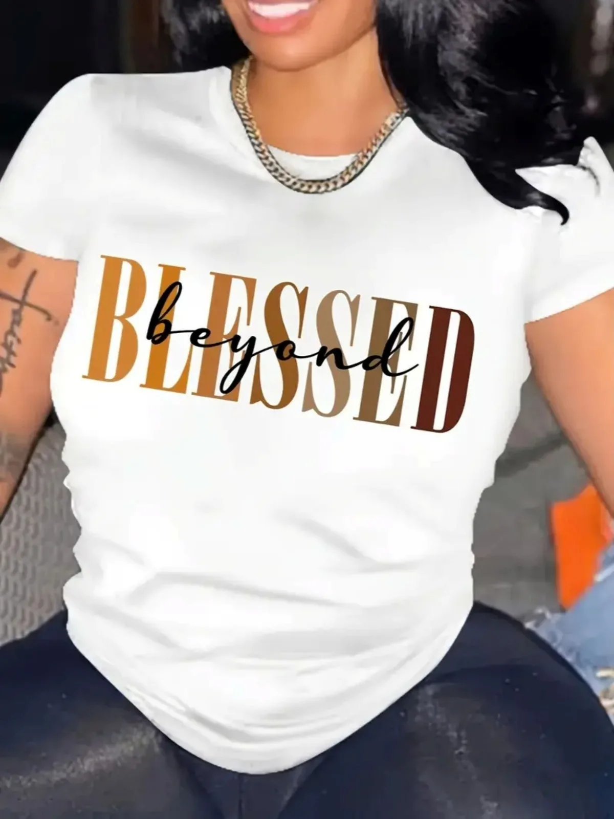 T-shirt da donna con motivo stampato girocollo casual in puro cotone alla moda, a maniche corte, adatta per regali di festa e top per le feste