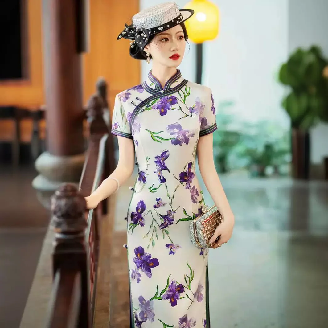 High Quality Daily Improvement Real Silk Cheongsam Qipao Summer Women's New Chinese Style 2024 Short Sleeve High-End Dress