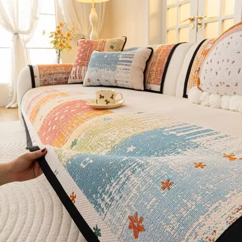 Dopamine Color-Block Sofa Cushion Chenille All-Season Seat Dustproof Pad Machine Washable Non-Slip Fixed Sofa Cover&Protector