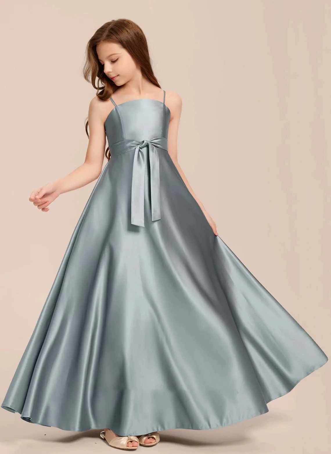 YZYmanualroom Satin Junior Bridesmaid Dress Flower Girl Dress With Bow A-line Square Floor-Length 2-15T