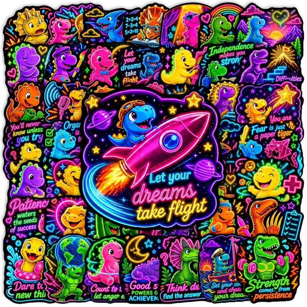 50Pcs Neon Black‑Background Birthday Dinosaur Stickers, Colorful Party‑themed Doodle Decals Golden Memory Stickers Store