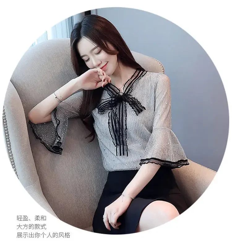 

New Spring Sweet and Fashionable Korean Women's Top Chiffon Base Shirt with Mid Sleeves Versatile