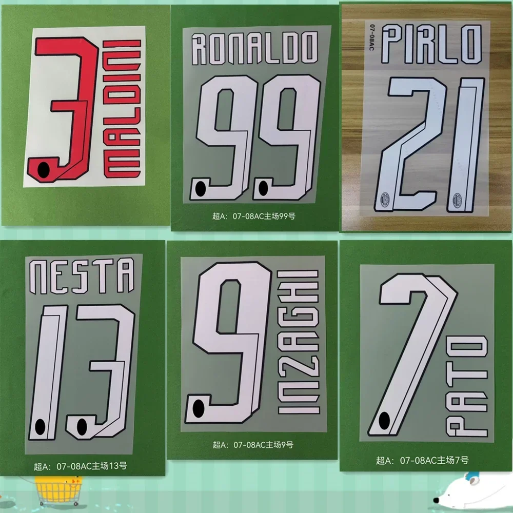 Super A Retro 2007 2008 home away AC kaka roanldo maldini pirlo number font print, Hot stamping patches badges