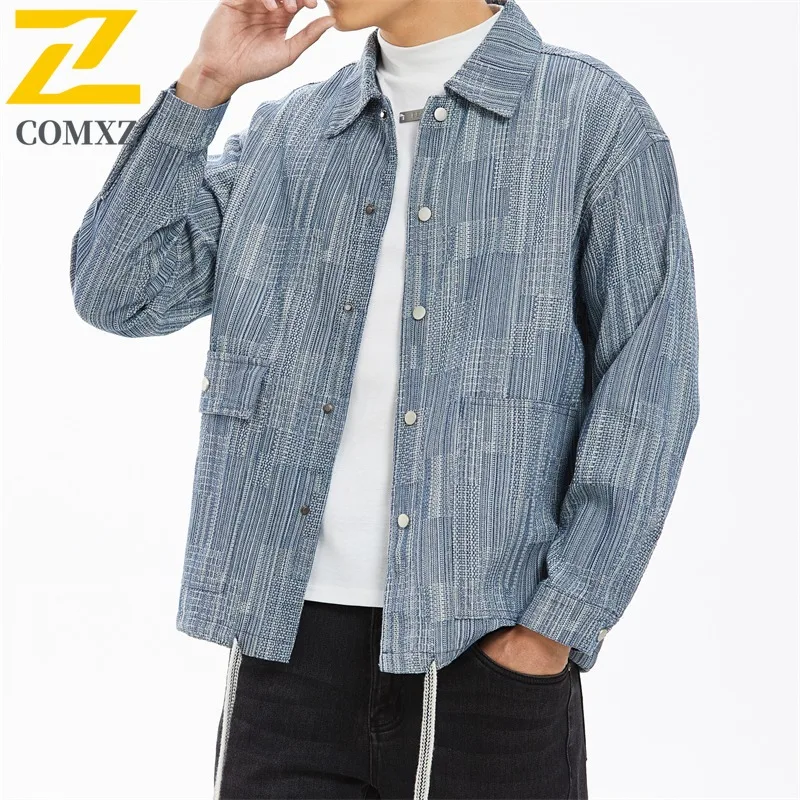 

COMXZ 2024, весеннее джинсовое пальто, мужская весенняя американская модная рубашка унисекс для пар, куртка с отложным воротником 2788