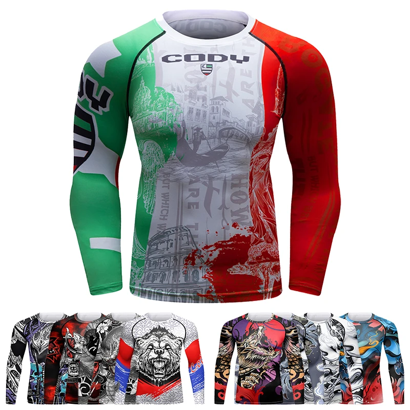 Bjj Mma Rashguard T-shirt Men Muay Thai Boxing Compressed Jerseys Gi Sport Anti Shrink Men Long Sleeve Sublimation Shirt Tees