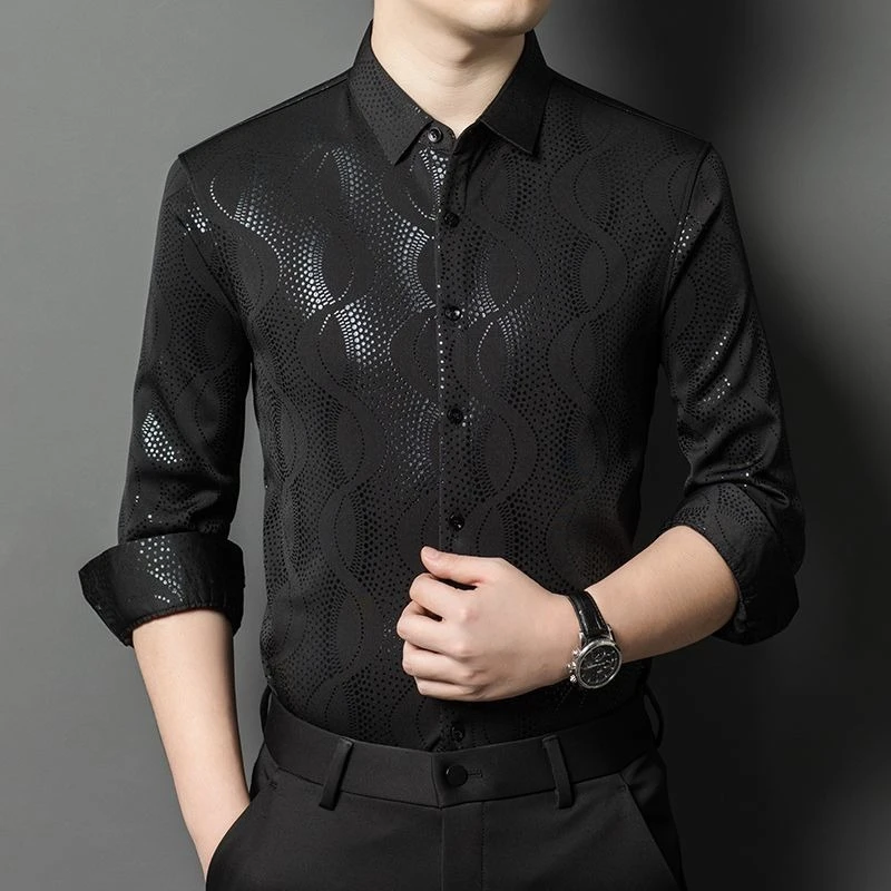 Premium Men's Long Sleeve Shirt Seamless Wrinkle Free Golden Shimmering Glossy Surface 2026 Spring Style