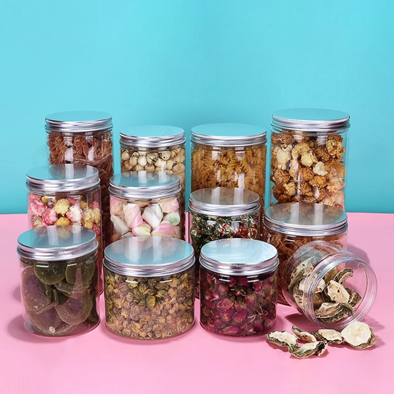 Clear Aluminum Cap Storage Jars Cookie Candy Kitchen Grain Storage Bottle Round Wide Mouth Plastic Sealed Can Container