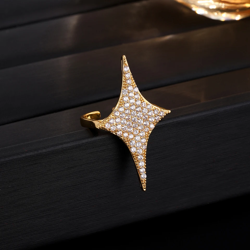 Zakol anel aberto avançado de estrela de quatro pontas com micro anel de zircônia incrustada para mulheres cristal brilhante joia requintada presente