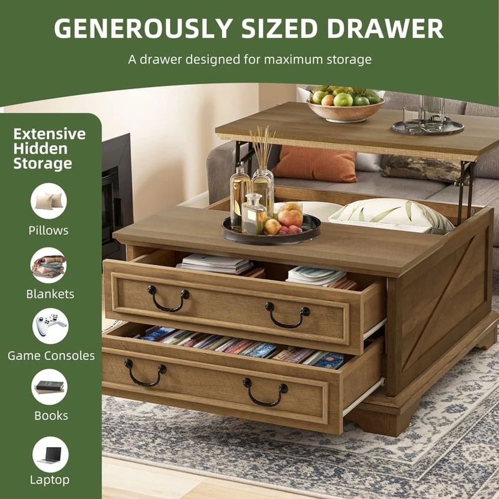 Table basse relevable de ferme avec rangement caché et 2 tiroirs, bois d'ingénierie durable, table centrale rustique marron pour salon