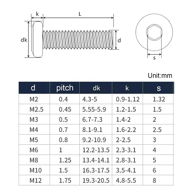 304 A2 Stainless Steel M2 M2.5 M3 M4 M5 M6 M8 M10 Flat Hex Hexagon Socket Allen Head Connect Joint Bolt Furniture Rivet Screw