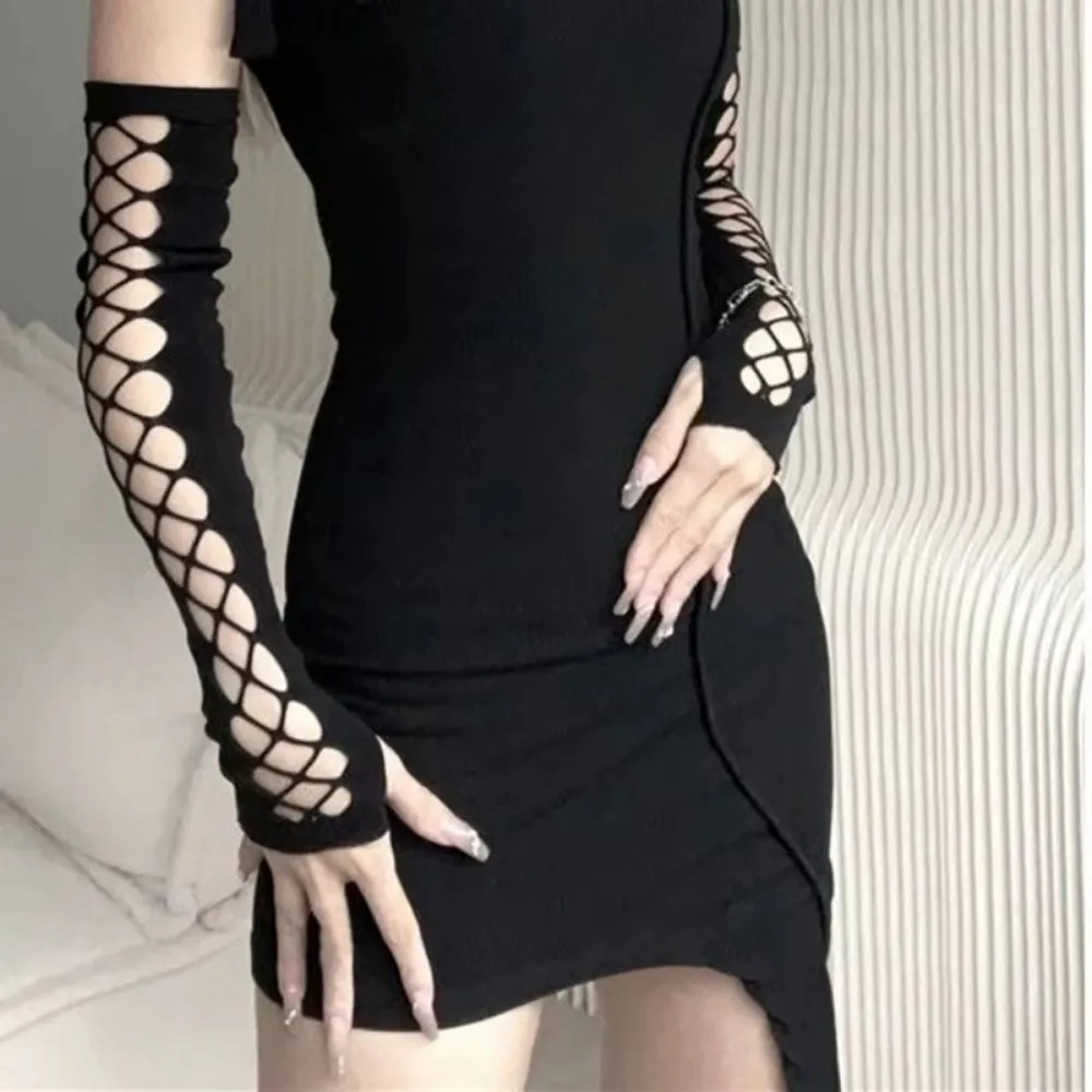 Shiny Women Fingerless Gloves Glitter Black Elastic Bridal Gloves Breathable Hollow Out Wedding Gloves Stage Performance