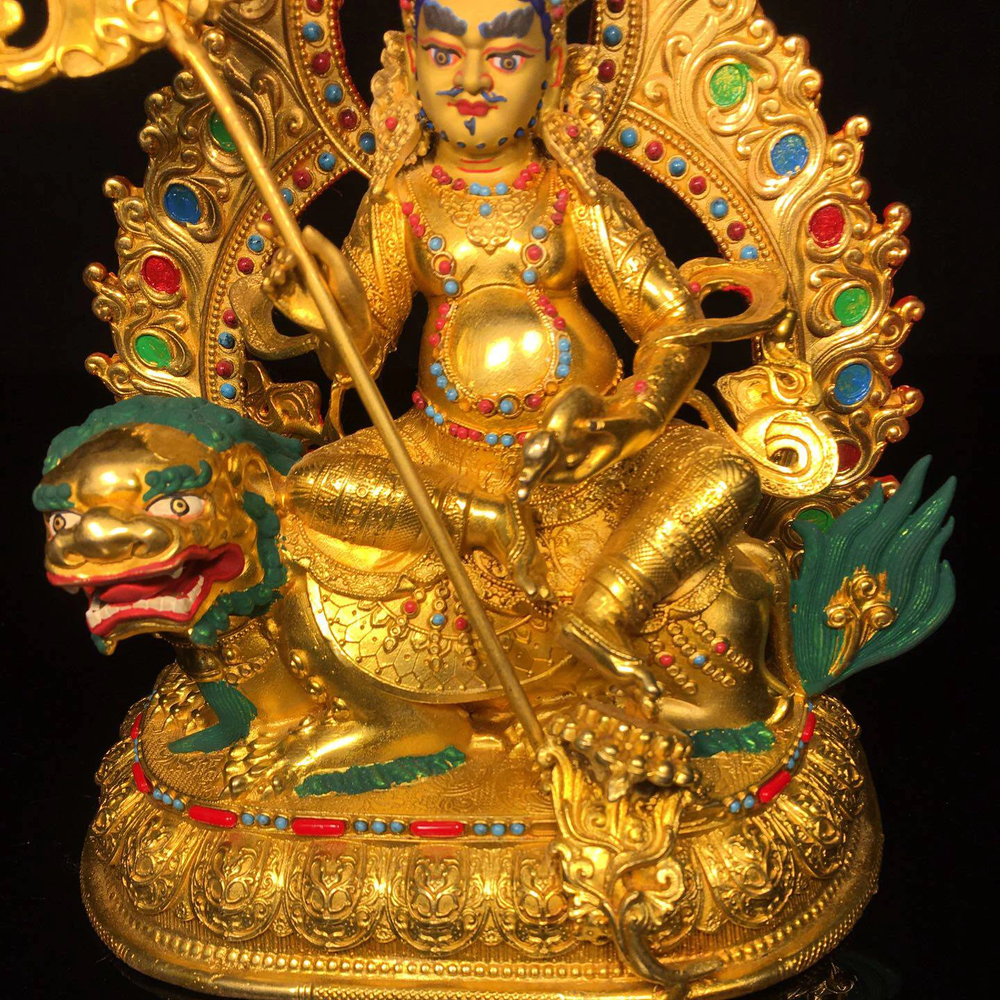 Gilt Copper Wealth Deity Buddha Statue Unique Design Serene Face Fine Craftsmanship Heavy Patina