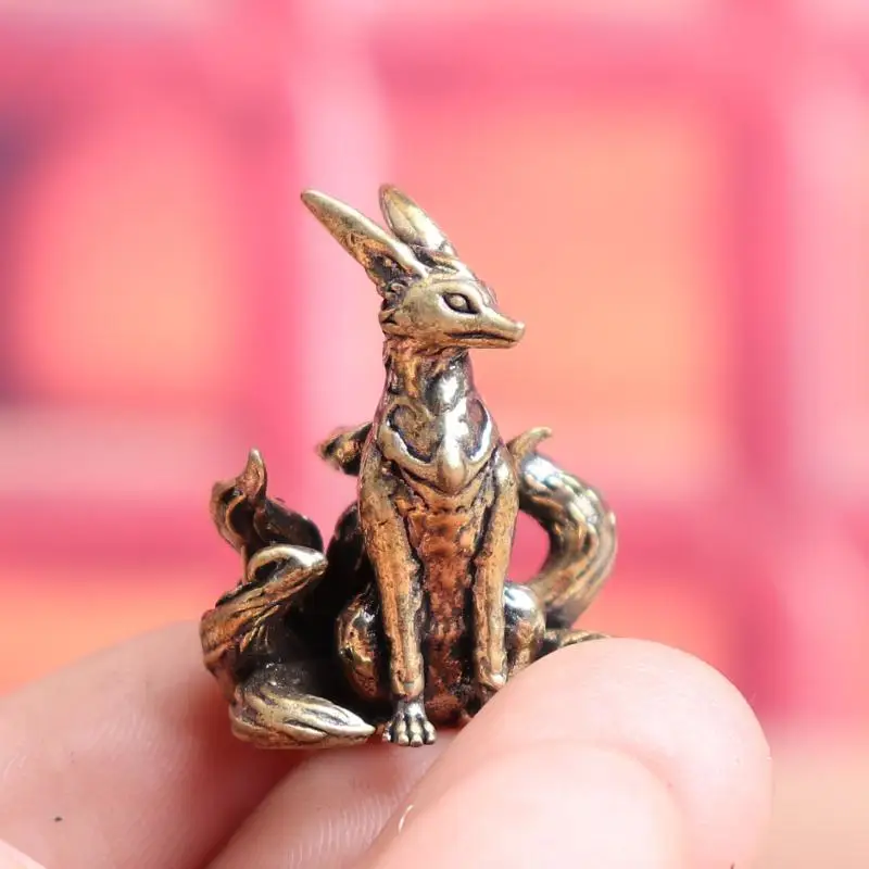 Miniature en laiton de renard à neuf queues, figurine de bureau, statue en cuivre d'animal mythologique, décoration artisanale pour la maison et la table