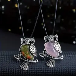Natural Crystal Owl Healing Crystal Stone Pendant NecklaceWomen's Natural Amethyst Rose Quartz Gem