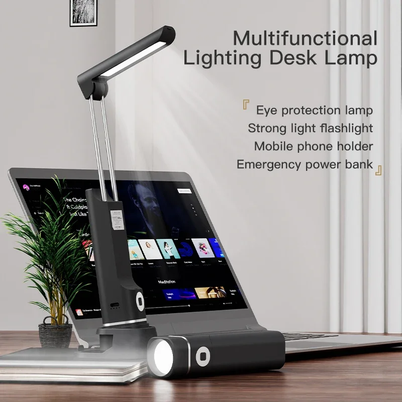 Multifunctional 4-in-1 LED Desk Lamps Rechargeable Detachable Flashlight Table Lamp Touch Dimmable Phone Holder Reading Light