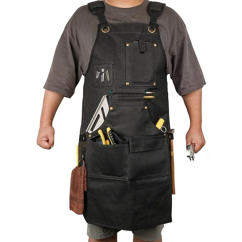 

Heavy Duty Canvas Tool Apron with Multiple Pockets, Adjustable Cross Back Straps for Mechanic Electrician Carpenter Workshop