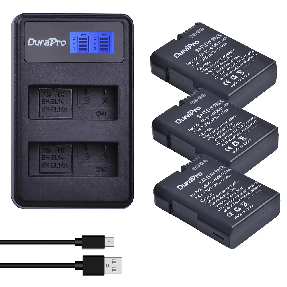 DuraPro EN-EL14 EN-EL14A 1200mAh Battery+LCD USB Charger For Nikon D5500 D5300 D3300 D5100 D5200 D3100 D3200 P7000 P7100 P7700