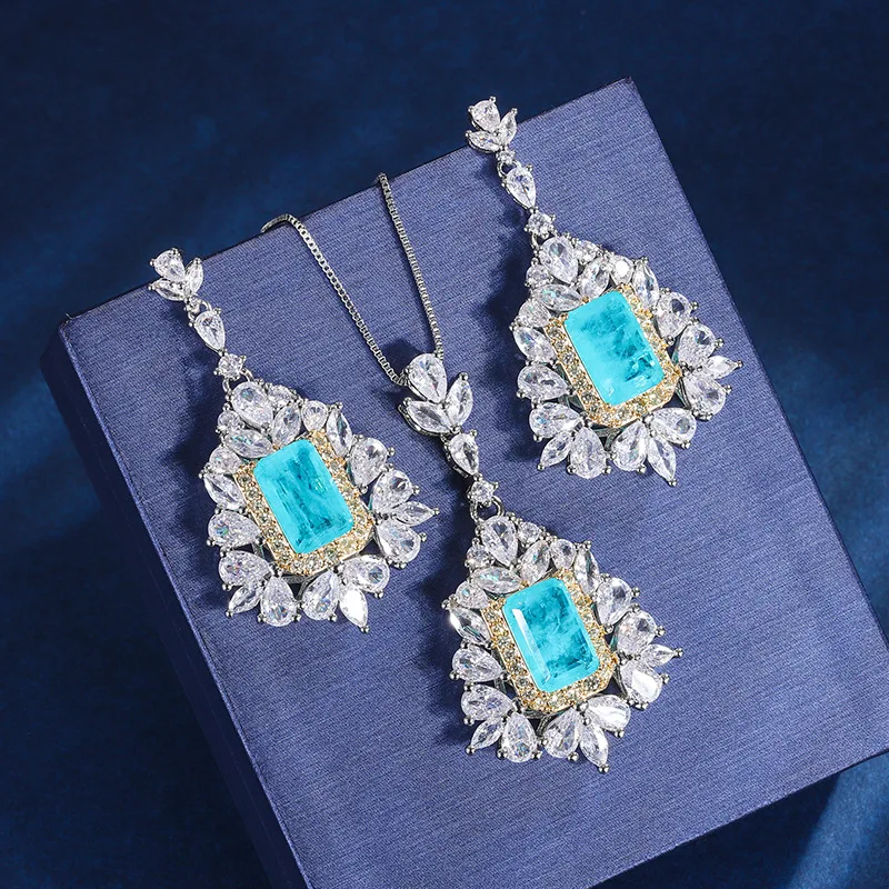 

European and American fashion jewelry for women, Paraiba diamond inlaid two-tone set 8*12 wholesale