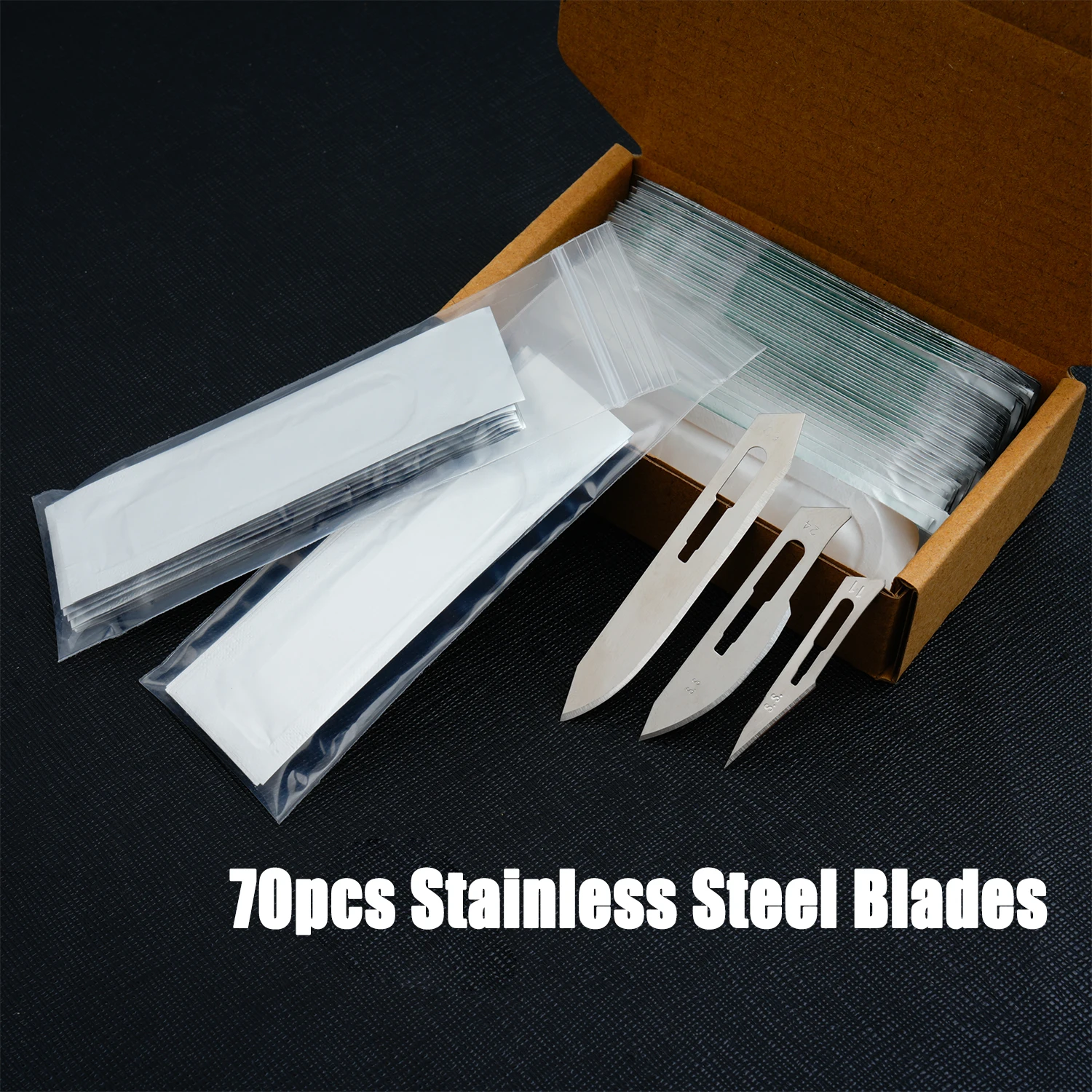 50pcs stainless steel NO.60, 10pcs stainless steel NO.11, 10pcs stainless steel NO.24, A set of independently packaged blades