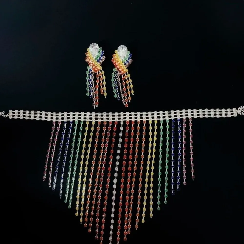 

Luxury Vintage Rainbow Tassel Jewelry Set Elegant Chain Rhinestone Crystal Necklace Colorful Gorgeous Ear Studs Party