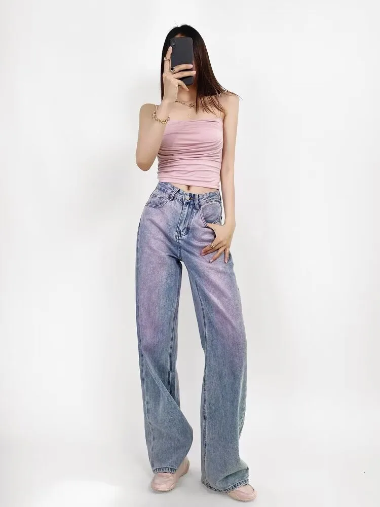 2024 New Women's Clothing American Retro Purple Pink Inkjet Technology Gradient Jeans Street Trendy Hip-Hop Wide-Leg Pants