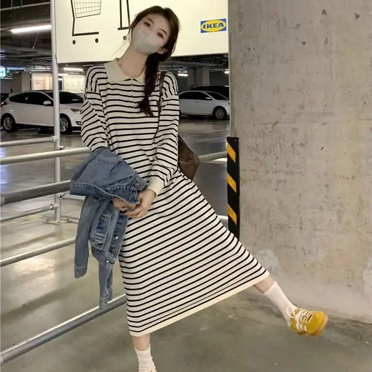 Polo Collar Black Striped Long Sleeved Dress for Women Loose and Slimming Straight Tube Casual Knitted Mid Length Skirt