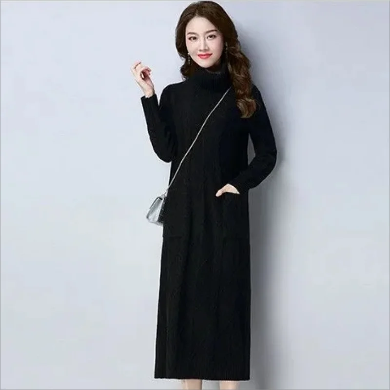 

Long Sweater Dress Fashion Women Knitted Dresses Elegant Women Turtleneck Sweaters Dress Knitting Pullover Winter Women Dresses