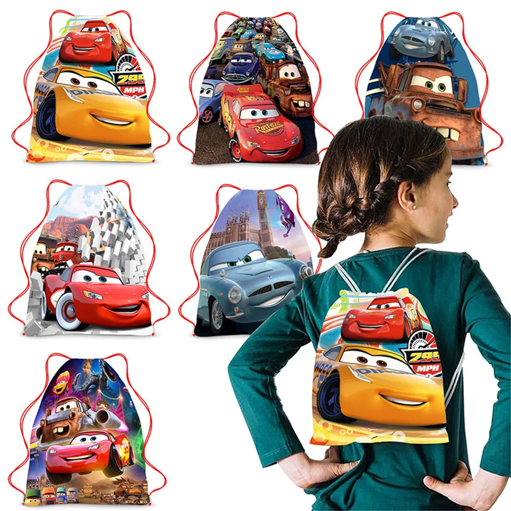 Anime Disney Cars Drawstring Backpack Bag Cartoon Lightning McQueen Portable Storage Bag Kawaii Doc Hudson Drawstring Bag Gifts