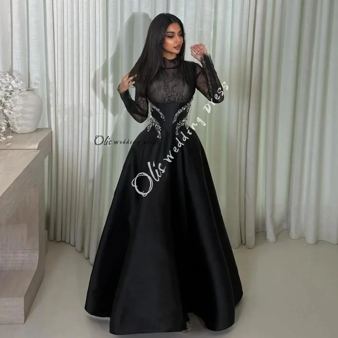 

customized Black Long Sleeves Prom Dresses High Neck Floor Length Lace Beadings Party Dresses Evening Dresses