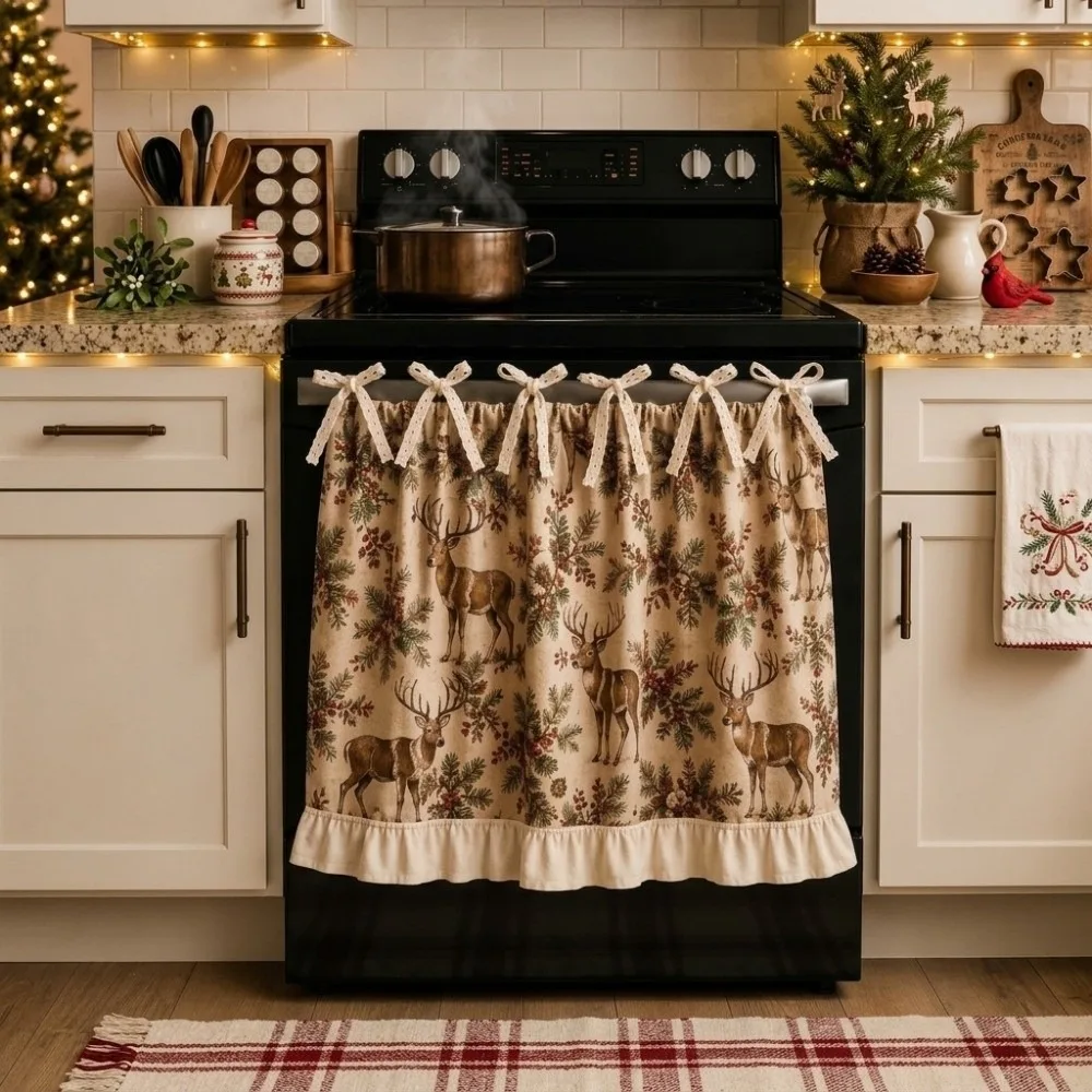 Ruffle Edge Christmas Oven Short Curtain Snowman Deer Xmas Tree Santa Oven Cover Curtain Decorative Flower