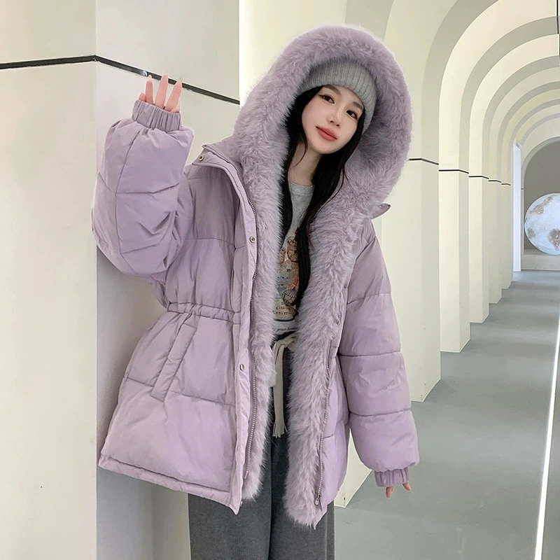 

Winter New Detachable Large Fur Collar Down Cotton Jacket Warm Thicken Cotton Coat Waist Fur Parka Loose Hooded Outwear