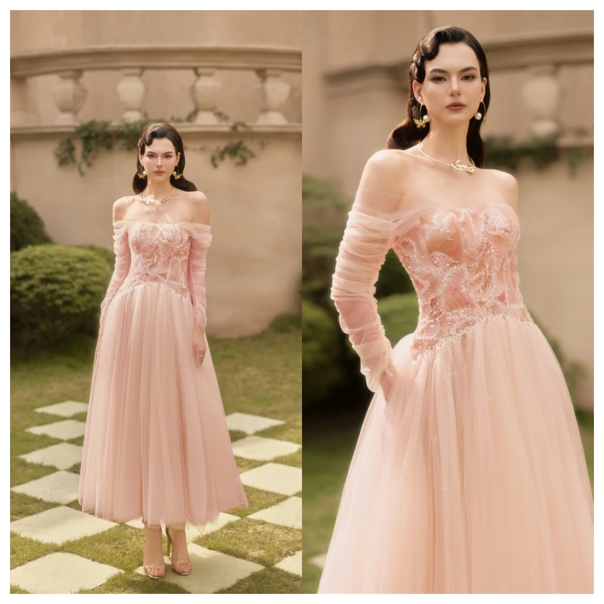 Personalizado requintado rosa tule vestido de noite barco pescoço fora do ombro mangas compridas vestido de festa de noiva apliques