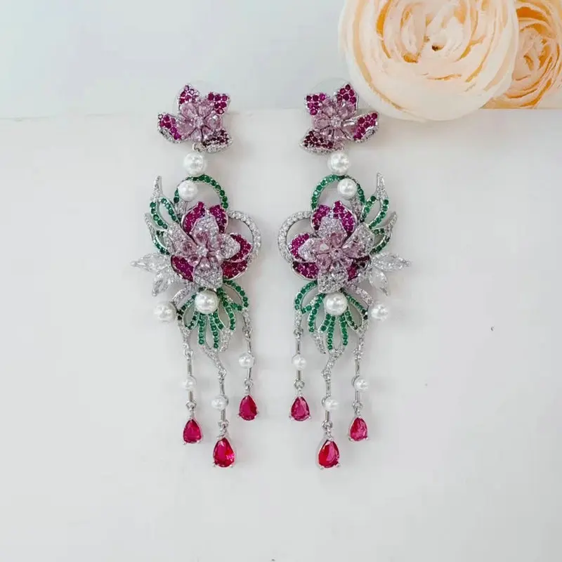 

Bilincolor Red Flower Tassel Earring for Women