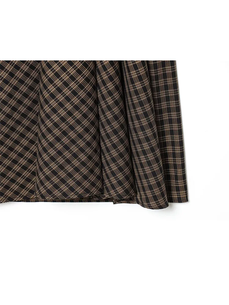 HH, nueva moda para Mujer, Falda a cuadros plisada con cremallera versátil Vintage, falda larga informal de cintura media para Mujer con dobladillo con abertura para Mujer