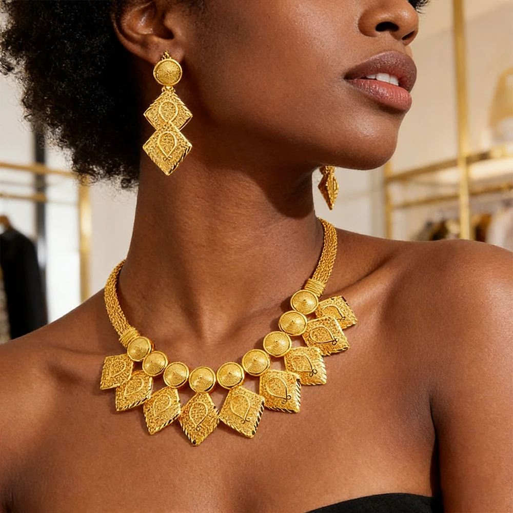 

African Jewelry Women Necklace Dubai Drop Earrings Jewelry Set Gold Color Luxury Design Necklace Earrings Wedding Gifts Party