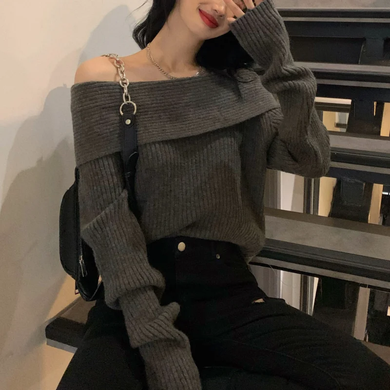 Fashion Autumn Women Off Shoulder Sweater Long Sleeve Elegant Casual Solid Knitted Tops Sexy Pullover Clothing Spring Knitwear