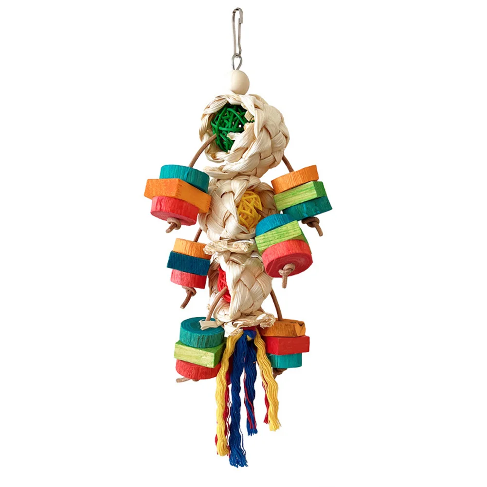 Parrot Corn Husk Chew Toys Natural Wood Block Rattan Ball Chew Toys Bird Cage Colorful Hanging Decoration For Macaws Parrots