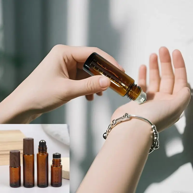 

Флаконы-роллеры из янтарного и прозрачного стекла 5 мл, 10 мл с пластиковыми колпачками под дерево для образцов эфирных масел и парфюмерии