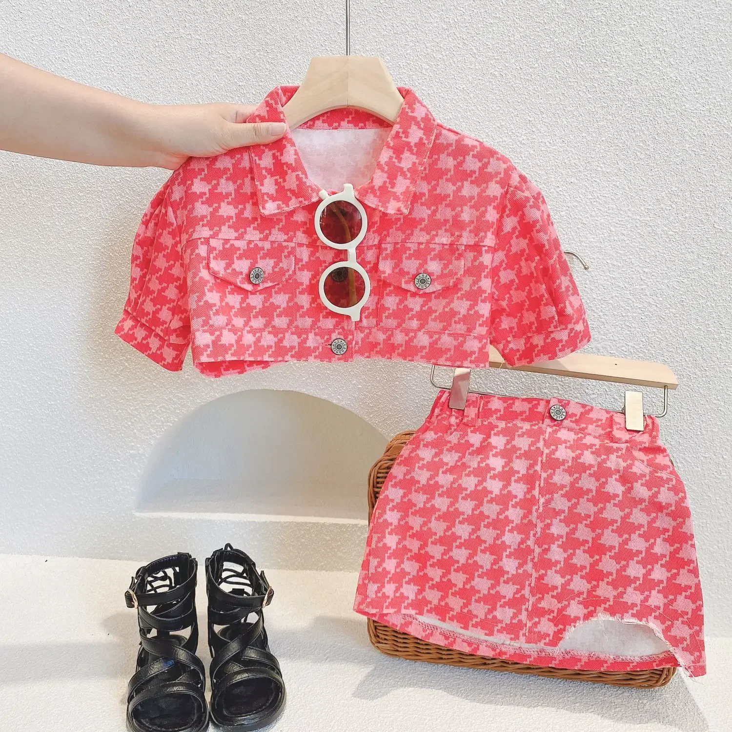 Spring Summer New Children'S Clothing Sets For Girls Pocket Cardigan Fashion Plaid Short-Sleeved Top+Skirt Street Style Suit