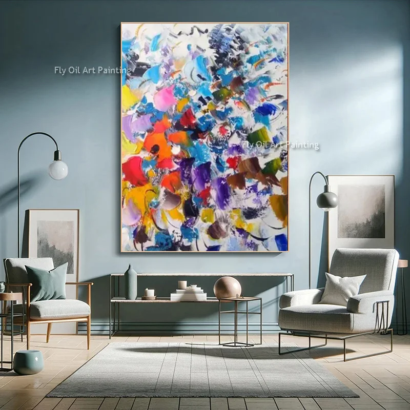 Colorful Handpainted Canvas Artwork Special Design Red And Bue Yellow Color Mixed Oil Painting For Living Room Decor As Gift