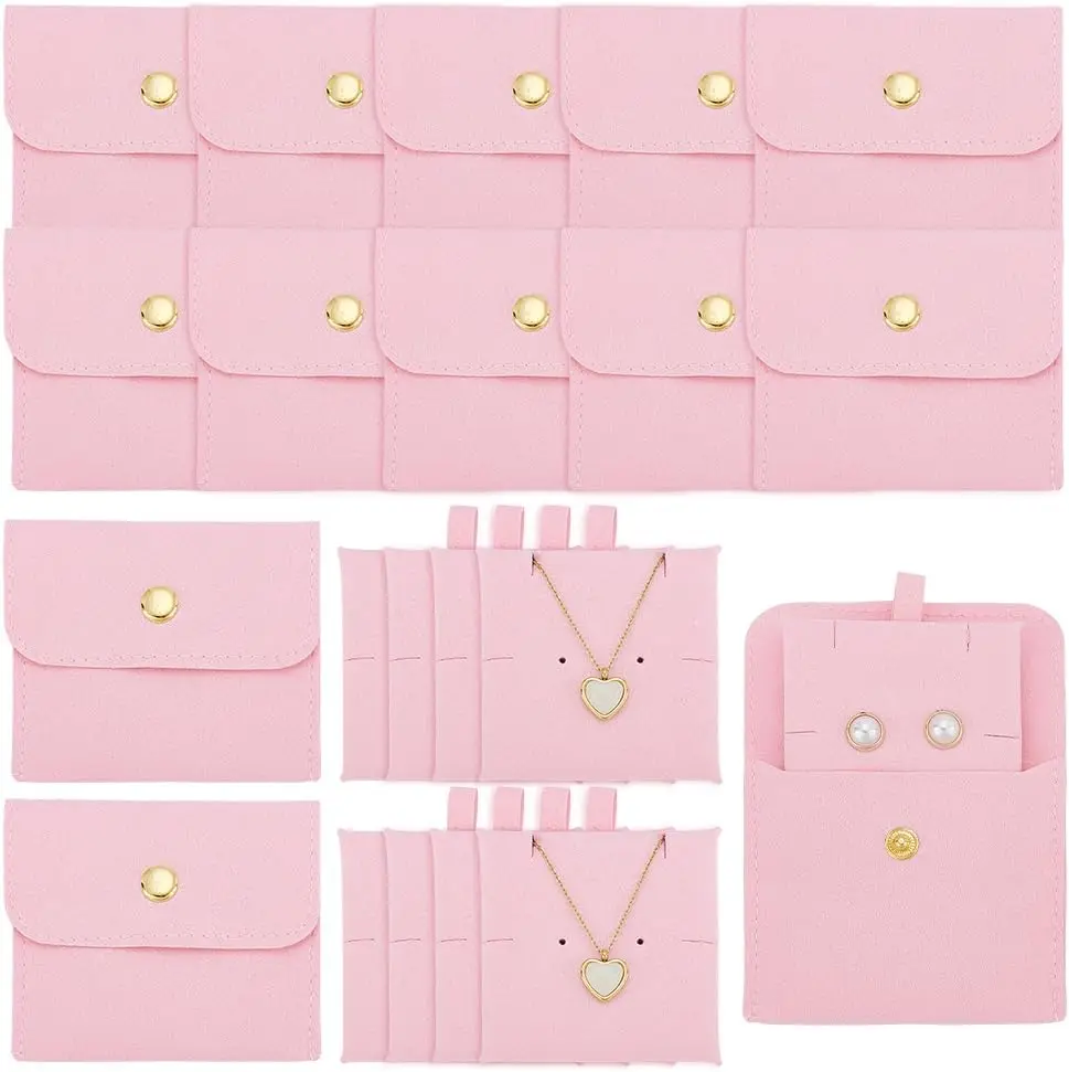 

10pcs Pink Jewelry Pouch with Brass Button, 2.7x3.1x0.5 Inch Microfiber Jewelry Storage Bags Small Gift Bags for Bracelet Neckla