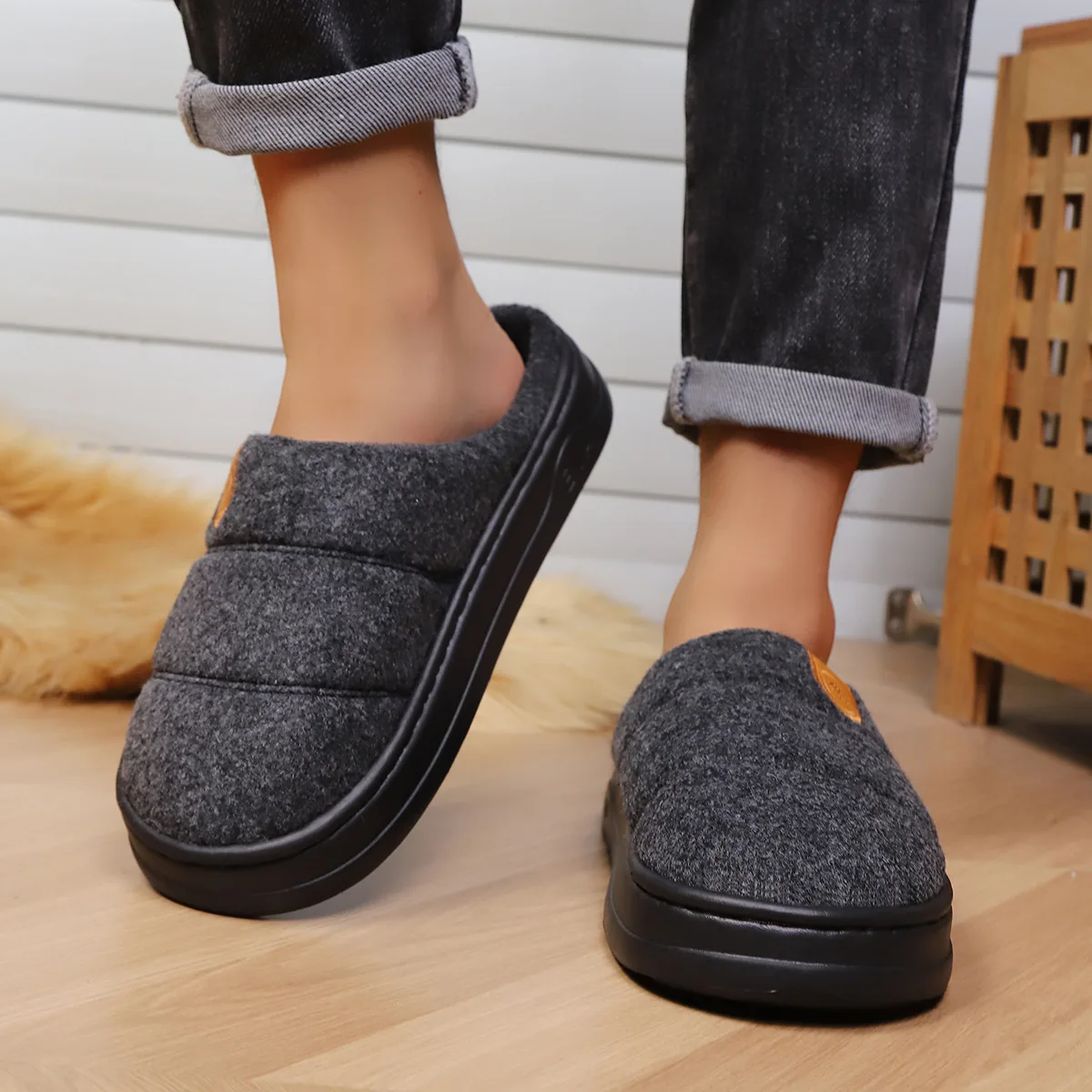 Big Size Winter Mule Slippers Mens Thick Sole Fuzzy Lined Anti Slip Warm Indoor House Footwear Extra Large Home Slippers 50-51