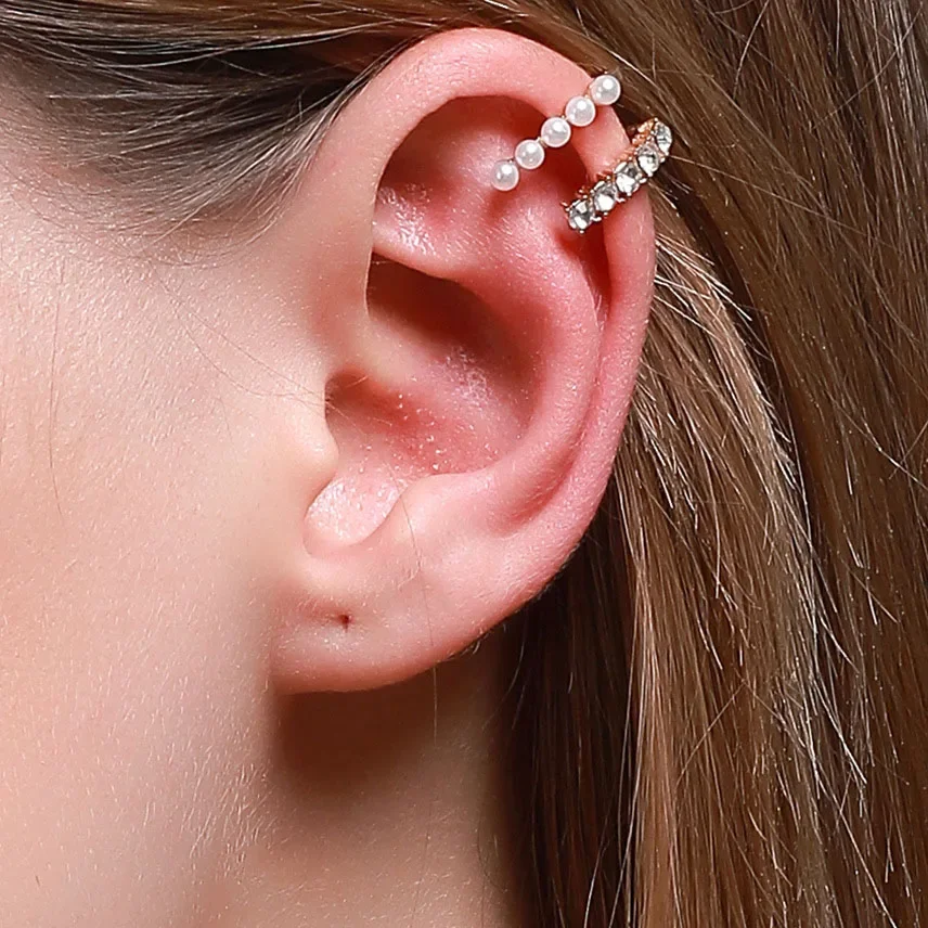 Geometry White Rhinestone Simulated Pearls Golden Silver Plated Alloy Ear Cuff Clip Earrings for Women