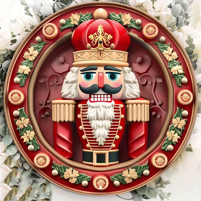 1pc Christmas Nutcracker Aluminum Metal Sign Round Door Hanger Wall Decor Weather Resistant  vintage  garage  farmhouse decor